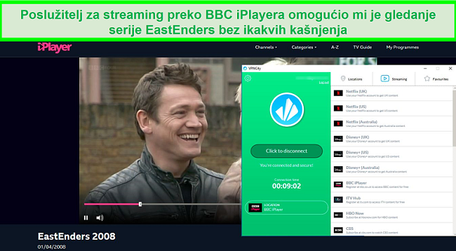Snimka zaslona streaminga EastEnders BBC iPlayer dok je povezan s streaming serverom BBC iPlayer VPN City