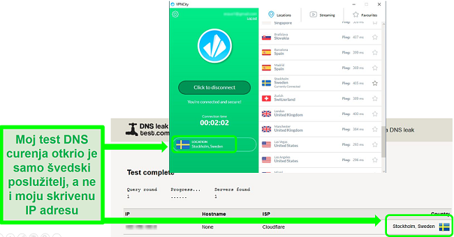 Snimka zaslona VPNCitya spojenog na poslužitelj u Švedskoj i koji prolazi DNS test curenja