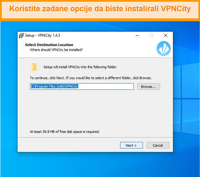 Snimka zaslona instalacijskih zaslona VPNCity