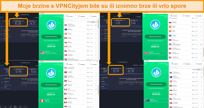 Snimke zaslona rezultata Speedtest.net-a koji prikazuju brzine u 4 različite države