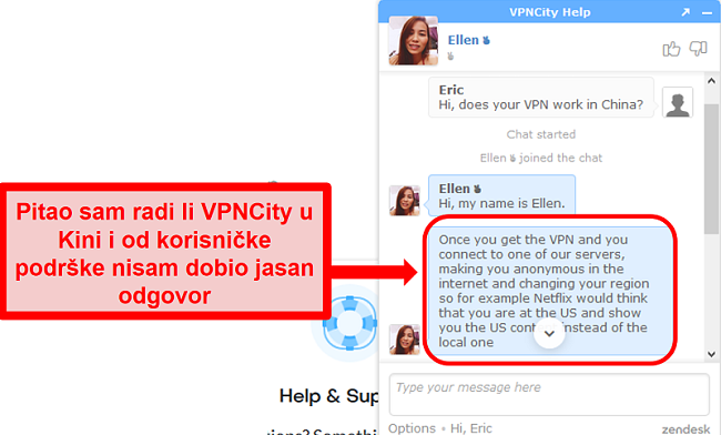 Snimka zaslona podrške za chat putem VPNCity.com