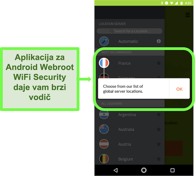 Snimka zaslona Android aplikacije Webroot WiFi Security koja daje upute za korisnike