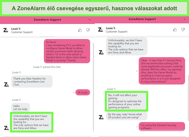 Pillanatkép a ZoneAlarm élő chat ügynökéről, aki válaszol egy kérdésre.