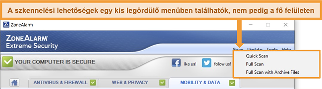 Pillanatkép a ZoneAlarm víruskereső funkciójának helyéről.