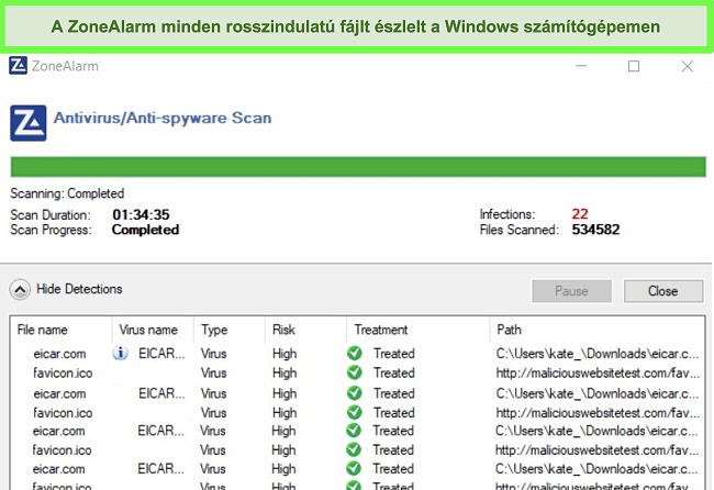 Pillanatkép a ZoneAlarm teljes víruskeresési eredményeiről.