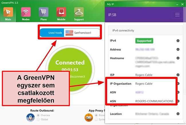 Képernyőkép a GreenVPN interfészről, amely bemutatja a szerver kapcsolatokat és az IP beállításokat