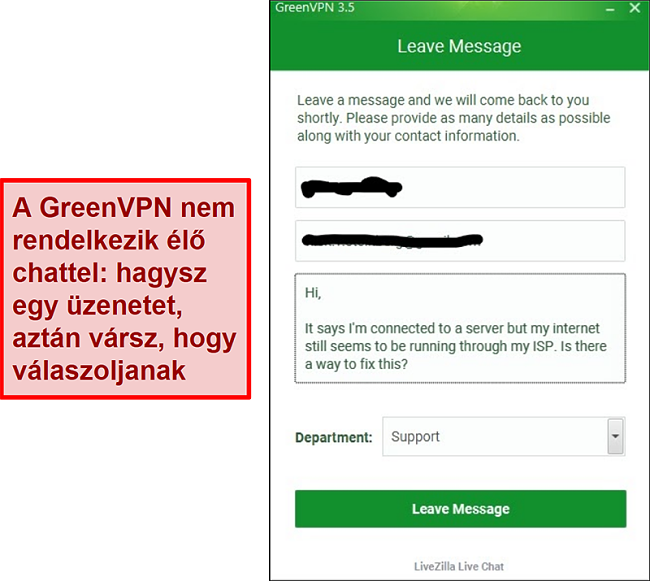 A GreenVPN támogatási képernyőjének képernyőképe