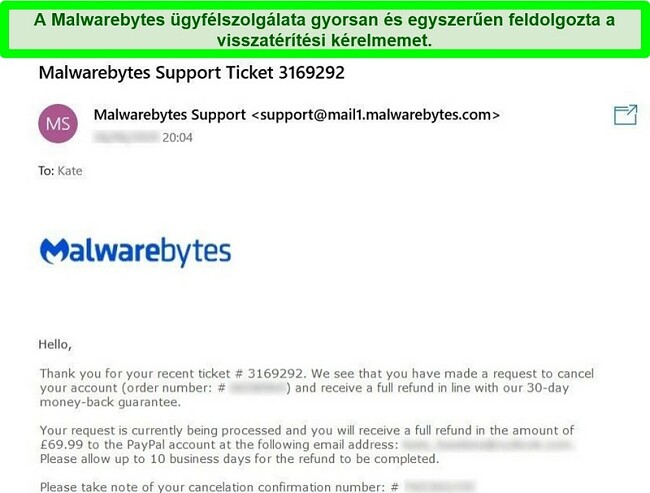 Pillanatkép a Malwarebytes visszatérítési folyamatáról, e-mailben válaszolva a visszatérítési kérelem jegyére.