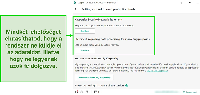 Pillanatkép a Kaspersky asztali beállításokról a személyes adatgyűjtés inaktiválásához.