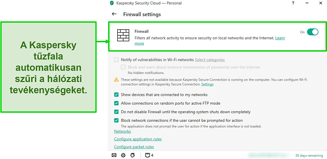 Pillanatkép a Kaspersky asztali tűzfal beállításairól, amelyek lehetővé teszik a szabályok és szűrők testreszabását.