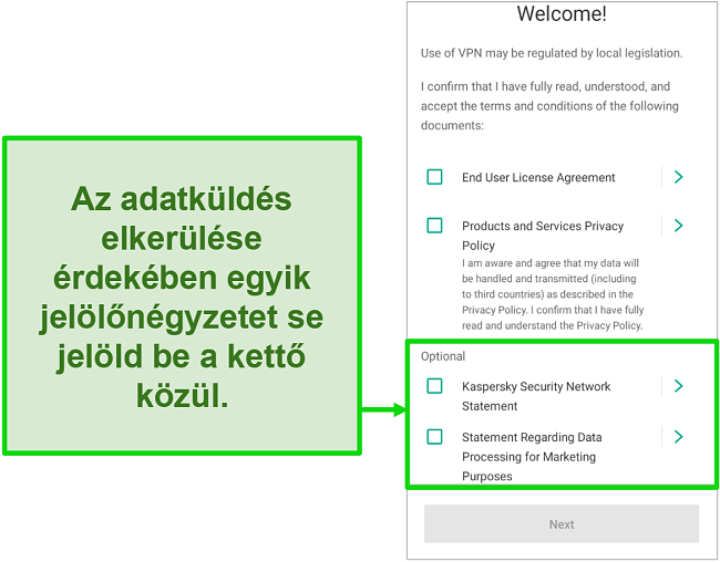Pillanatkép a Kaspersky Antivirus mobilalkalmazásról, amely az üdvözlő menüben megjeleníti az adatgyűjtés letiltási képernyőjét.