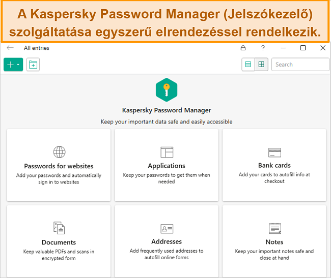 Pillanatkép a Kaspersky Password Manager alkalmazásról, választható jelszavak, bankkártyák, címek és dokumentumok hozzáadásával.
