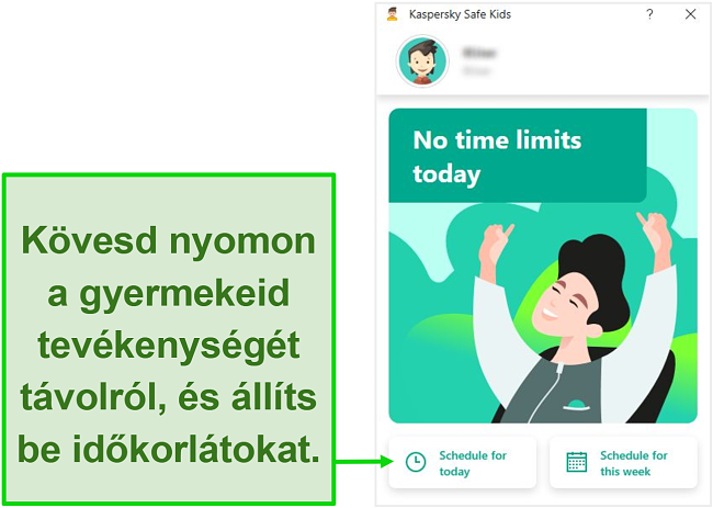 Pillanatkép a Kaspersky Safe Kids egyéni profiljáról.