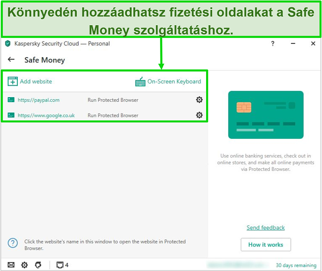 Pillanatkép a Kaspersky Safe Money alkalmazásról, amely lehetővé teszi webhelyek hozzáadását a biztonságos használat érdekében.