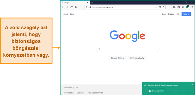 A Kaspersky Security Cloud Protected Browser képernyőképe biztonságos értesítéssel.