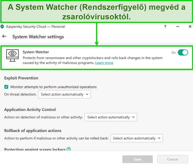 Pillanatkép a Kaspersky System Watcher beállítási képernyőről, amely lehetővé teszi a ransomware elleni védelem testreszabását.