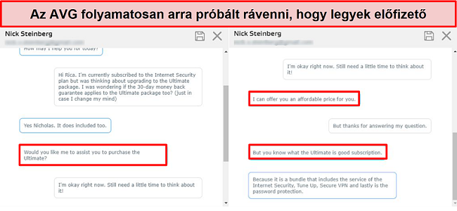 Képernyőkép az AVG élő chat eszközéről