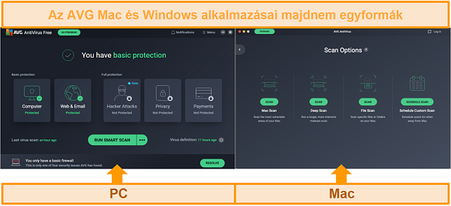 Képernyőkép az AVG víruskereső PC és Mac alkalmazás irányítópultjainak összehasonlításával