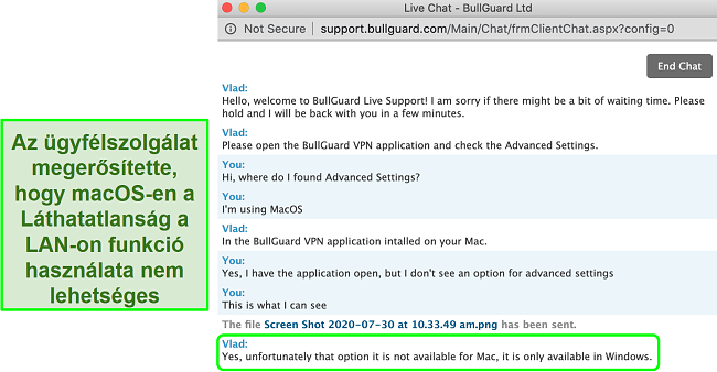 A BullGuard VPN ügyfélszolgálatának képernyőképe, amely megerősíti a LAN láthatatlanságát, csak Windows rendszeren érhető el
