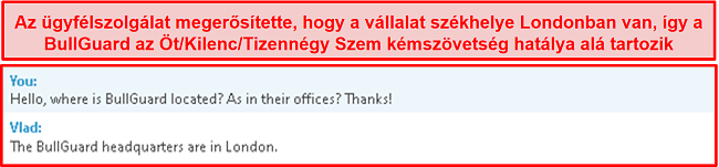Pillanatkép az ügyfélszolgálati csevegésről, amely tisztázza az alapműködésüket Londonban
