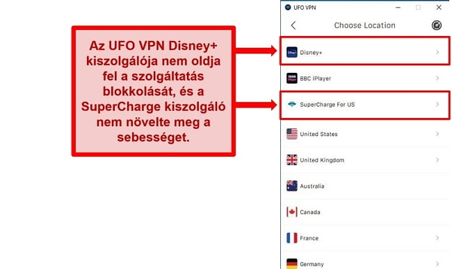 Pillanatkép az UFO VPN szerverlistájáról