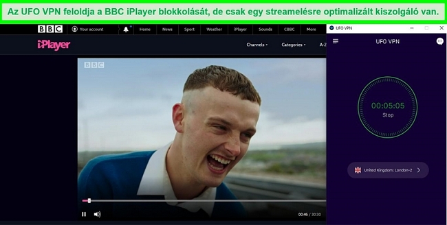 A BBC iPlayer streaming a fiatal elkövetőket, míg az UFO VPN csatlakozik a londoni BBC iPlayer streaming szerverhez