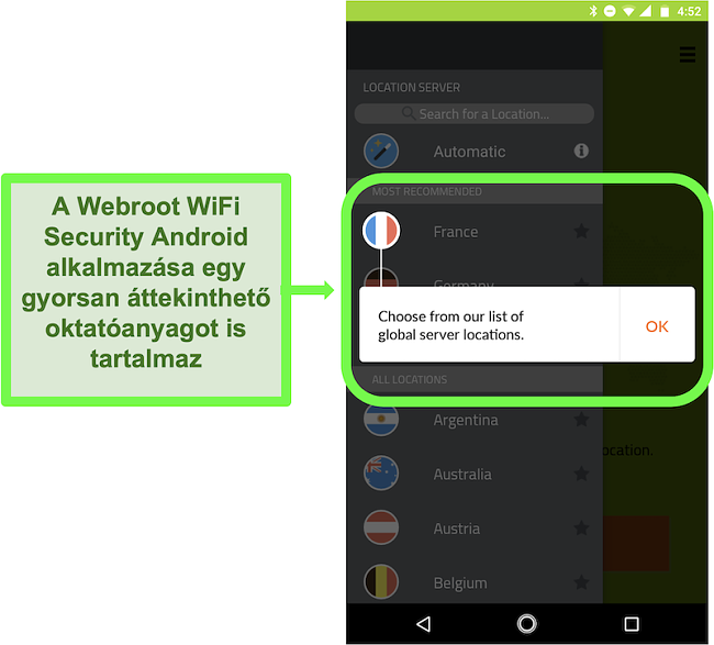 Pillanatkép a Webroot WiFi Security Android-alkalmazásáról, amely felhasználói oktatást nyújt