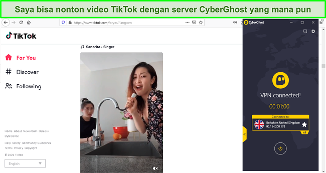 Tangkapan layar dari membuka blokir video TikTok dengan CyberGhost