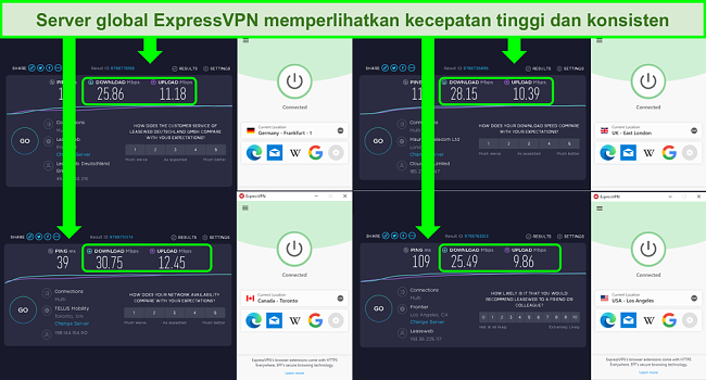 Tangkapan layar dari kecepatan server global ExpressVPN dengan sedikit perbedaan dalam Mbps unduhan