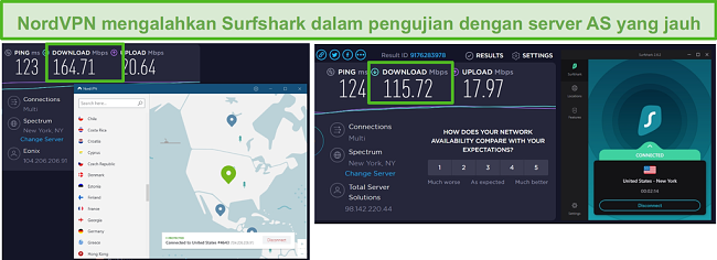 Tangkapan layar NordVPN dan Surfshark yang menjalankan uji kecepatan AS.