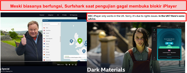 Tangkapan layar NordVPN berhasil membuka blokir BBC iPlayer dan Surfshark gagal melakukannya.