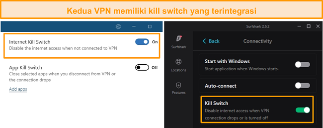 Tangkapan layar dari tombol pemutus terintegrasi NordVPN dan Surfshark.