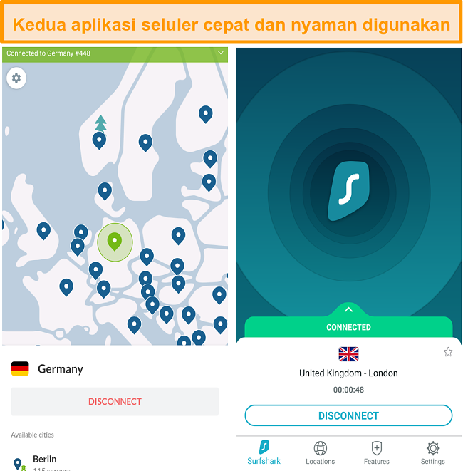 Tangkapan layar aplikasi NordVPN dan Surfshark Android.