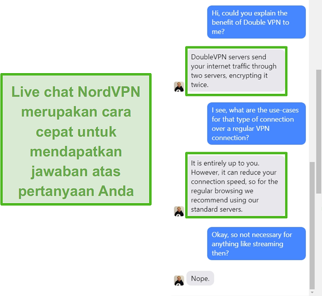 Tangkapan layar dari bantuan obrolan langsung NordVPN.