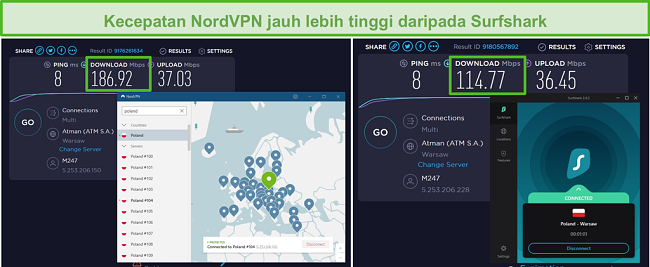 Tangkapan layar dari NordVPN dan Surfshark yang menjalankan uji kecepatan multi-koneksi.