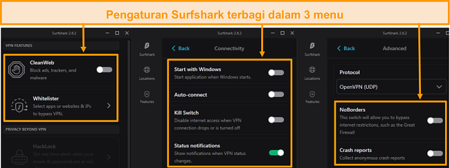 Tangkapan layar dari menu desktop Surfshark.