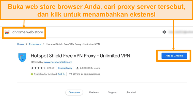 Tangkapan layar unduhan ekstensi peramban proxy gratis Hotspot Shield