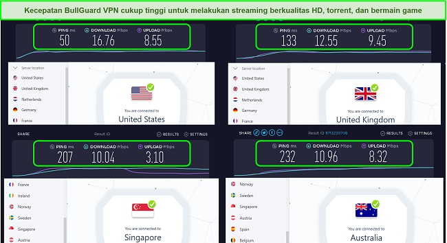 Tangkapan layar lokasi server AS, Inggris, Singapura, dan Australia beserta kecepatannya.