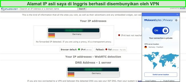 Tangkapan layar uji kebocoran IP dan DNS untuk Malwarebytes Privacy VPN