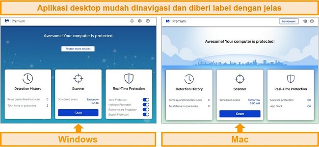 Tangkapan layar jendela Malwarebytes dan aplikasi desktop mac