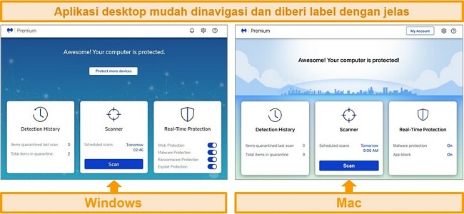 Tangkapan layar jendela Malwarebytes dan aplikasi desktop mac