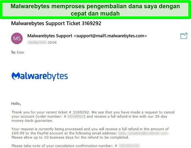 Tangkapan layar dari proses pengembalian dana Malwarebytes dengan tanggapan email untuk tiket permintaan pengembalian dana.