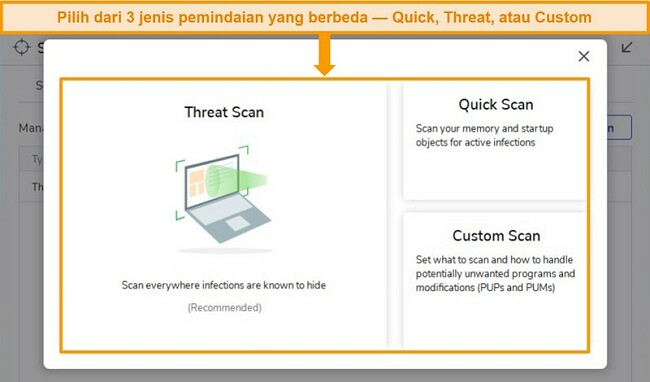 Tangkapan layar opsi pemindaian virus Malwarebytes.