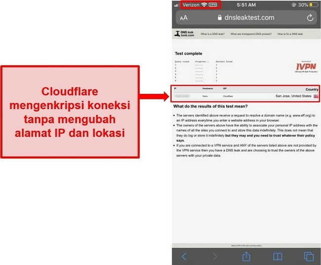 Tangkapan layar dari IP WARP dan hasil uji kebocoran DNS Cloudflare - tidak lolos karena tidak menggantikan alamat pengguna.