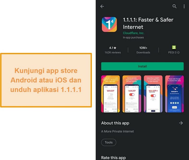 Tangkapan layar dari toko aplikasi seluler 1.1.1.1.