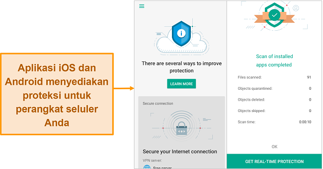 Tangkapan layar dari Kaspersky Security Cloud di iOS dibandingkan dengan versi Android