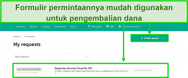 Tangkapan layar permintaan dukungan Kaspersky di situs web Kaspersky.