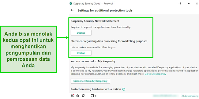 Tangkapan layar opsi desktop Kaspersky untuk menonaktifkan pengumpulan data pribadi.