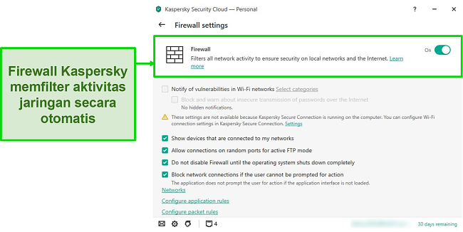Tangkapan layar setelan firewall desktop Kaspersky yang memungkinkan Anda menyesuaikan aturan dan filternya.