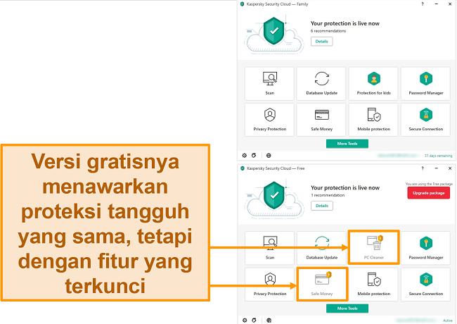 Tangkapan layar dari Kaspersky Security Cloud Desktop gratis yang menampilkan fitur terkunci pada versi premium.